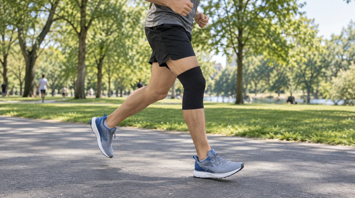 Person jogging with a compression knee sleeve