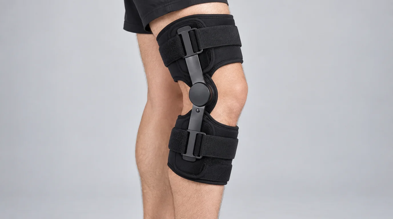 Hinged knee brace with metal side supports
