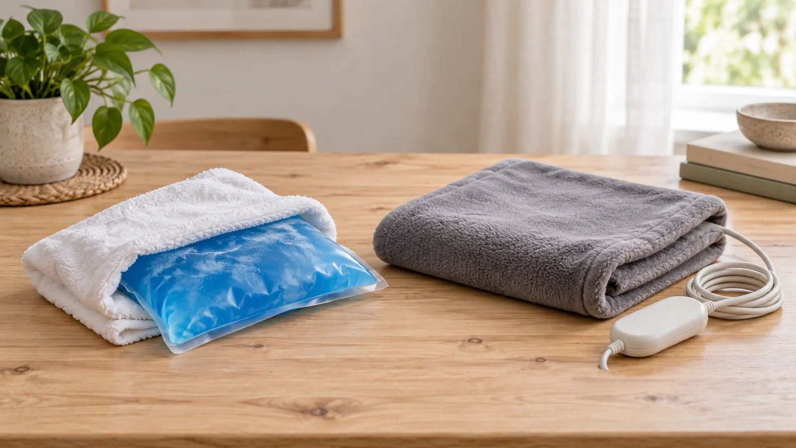 An ice pack wrapped in a towel next to a heating pad