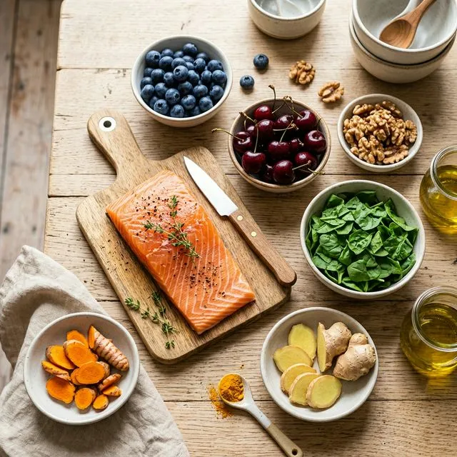 Anti-inflammatory foods for back pain — salmon, turmeric, ginger, berries, spinach