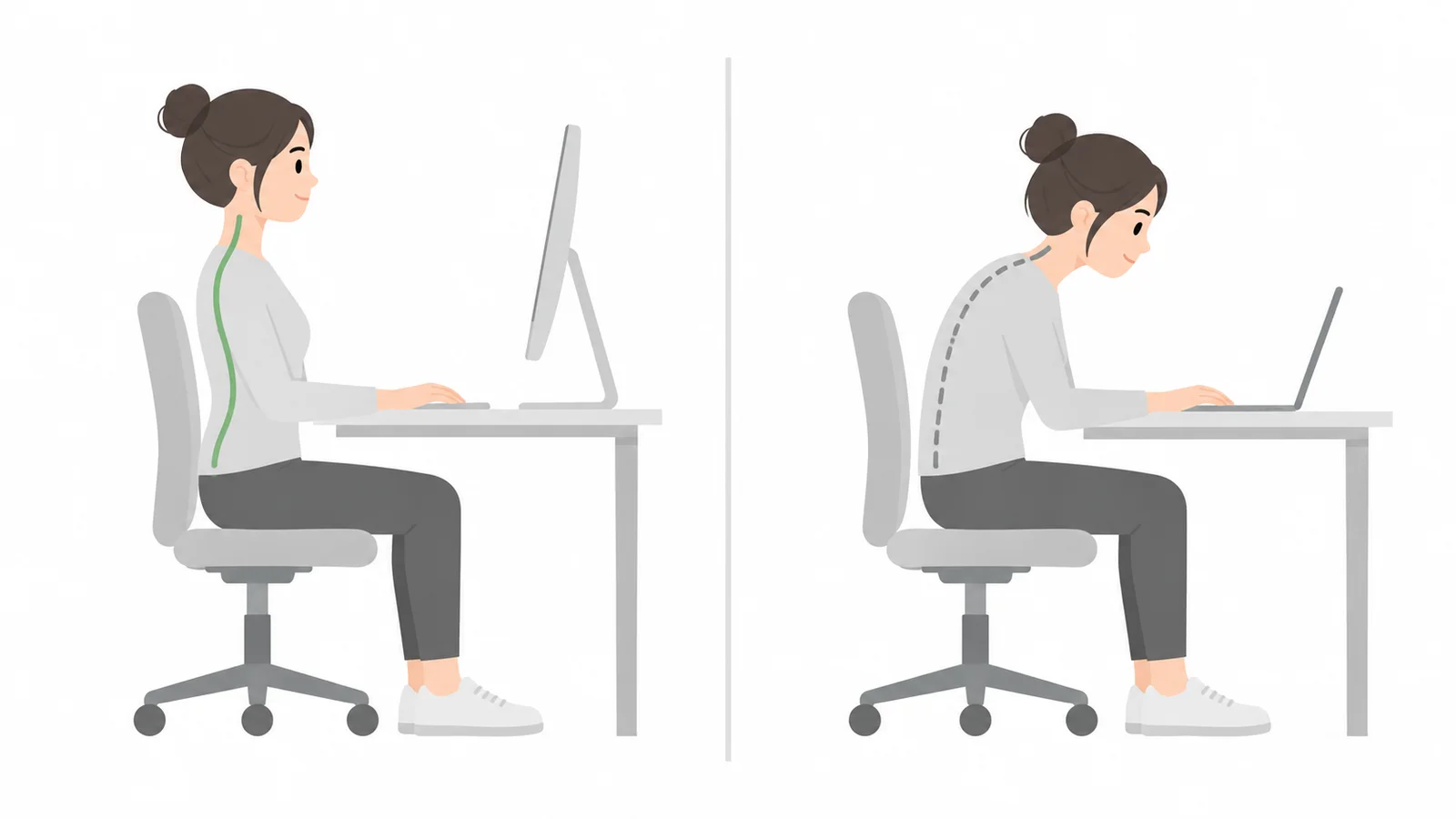 Illustration comparing upright sitting posture with forward head posture at a desk