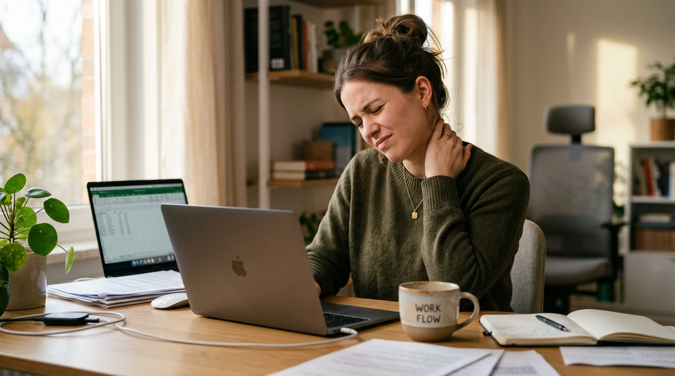 Frau am Schreibtisch, die sich den Nacken reibt, nach langen Arbeitsstunden