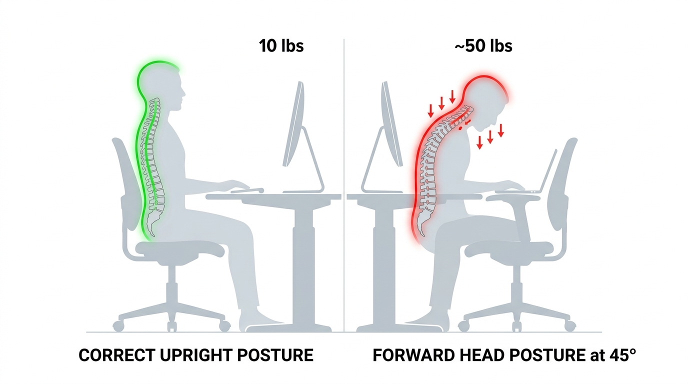 Vergleich der Kopfhaltung - 5 kg bei neutraler Position vs. 23 kg bei 45 Grad Neigung
