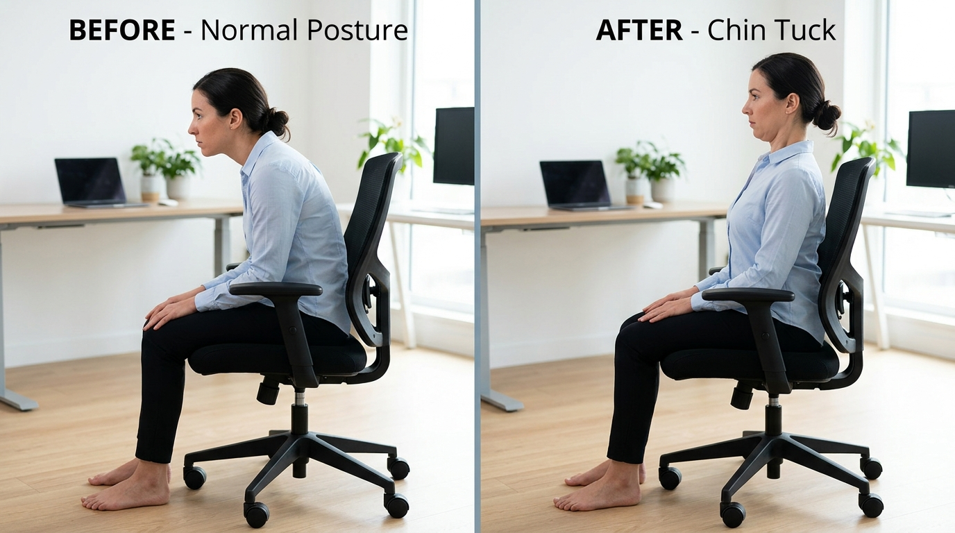 Kinnrückzug-Übung - vorher und nachher mit korrekter Kopfausrichtung