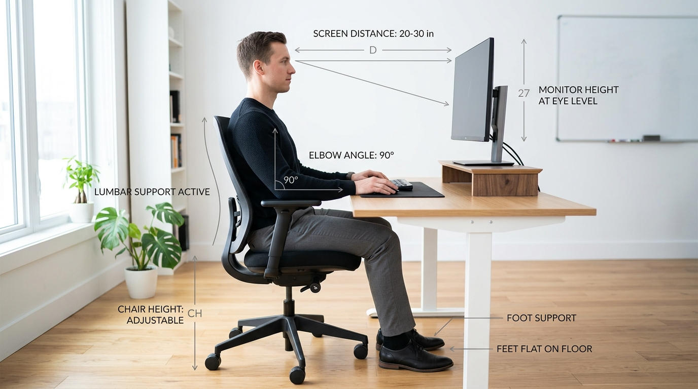 Ergonomischer Arbeitsplatz mit korrekter Bildschirmhöhe, Stuhlposition und Armwinkel