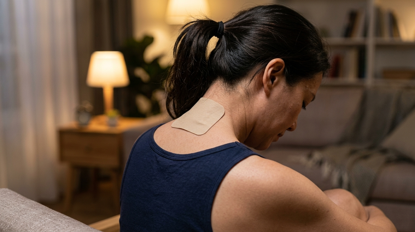 Pflanzliches Schmerzpflaster auf Nacken und oberem Trapezmuskelbereich angebracht