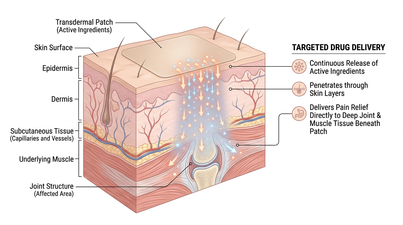 Wie transdermale Pflaster Wirkstoffe durch die Hautschichten direkt an die Schmerzstelle liefern