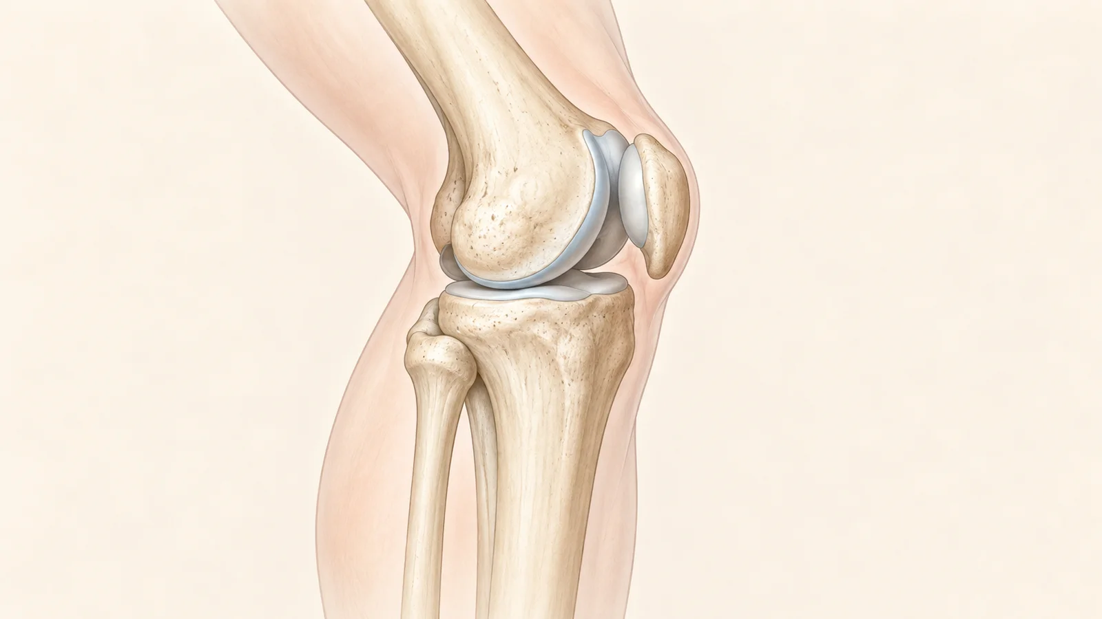 Side-view illustration of the knee showing the kneecap, thigh bone and the cartilage between them