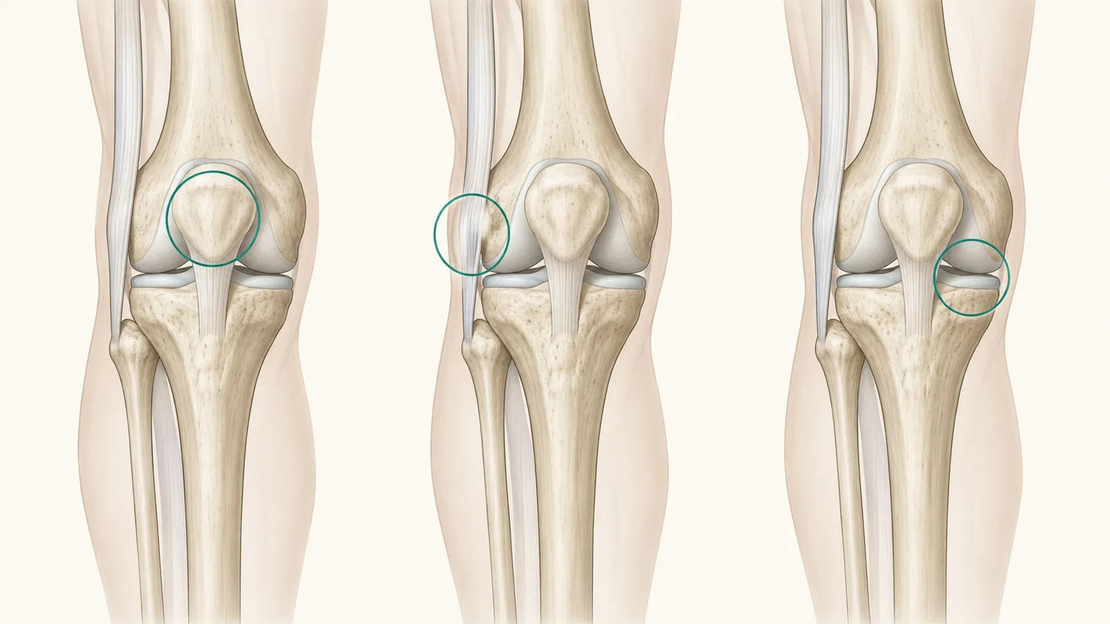 Three knee diagrams marking where runner's knee, IT band syndrome and a meniscus tear are usually felt