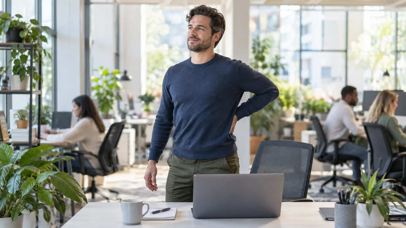 Office worker standing up from his desk for a stretch break