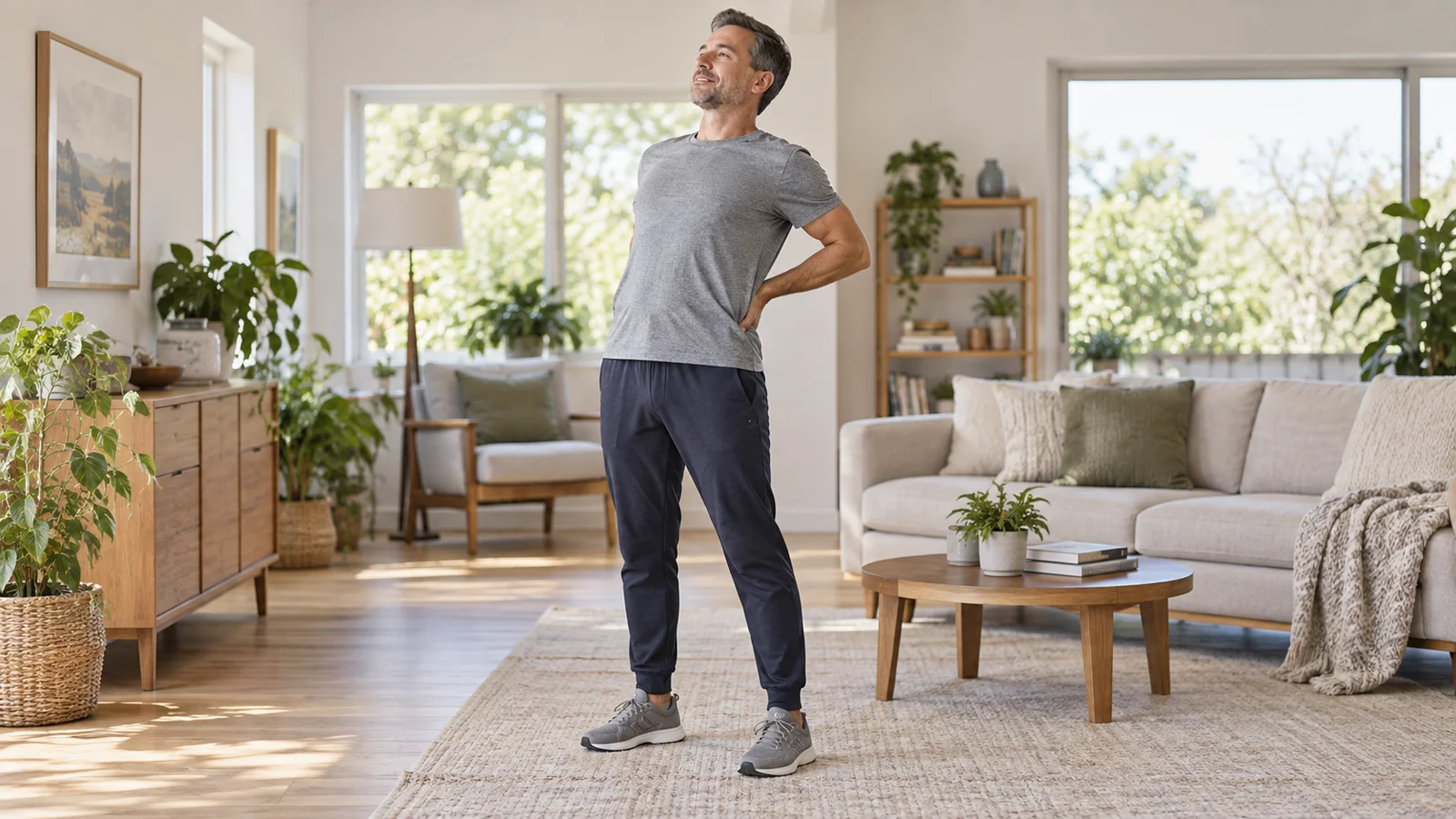 Man doing a gentle standing lower-back stretch at home